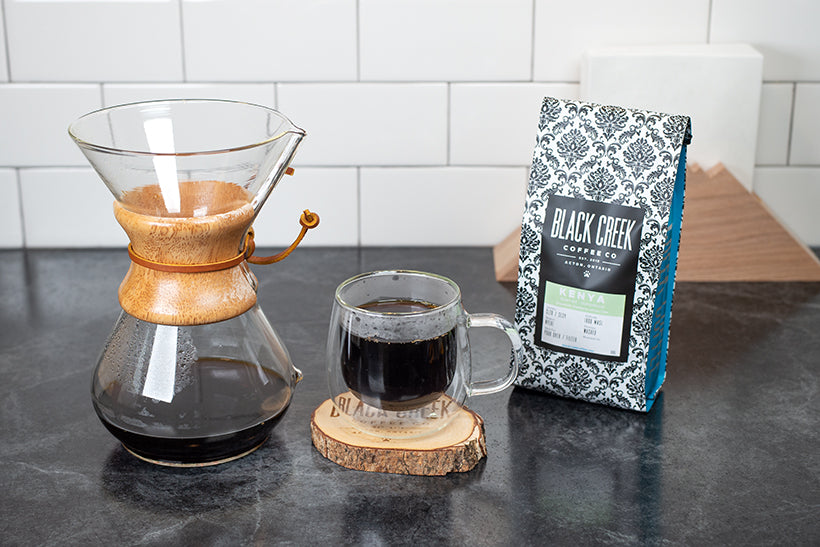 chemex coffee brewed next to black creek coffee beans