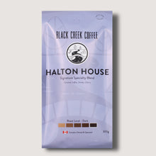Coffee package from Black Creek Coffee with 'Halton House' branding on a light gray background
