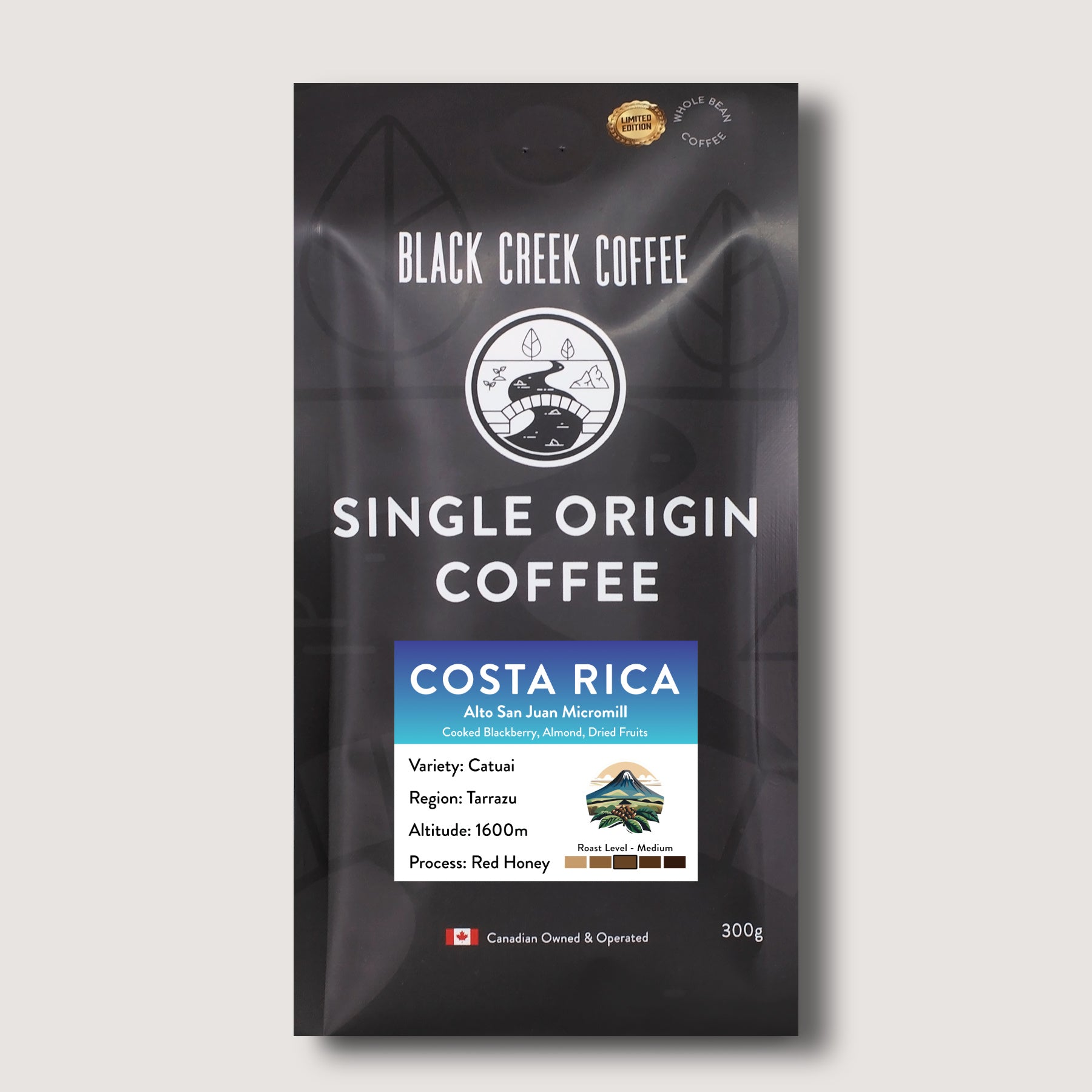 Black Creek Coffee single origin Costa Rica coffee package on a light gray background